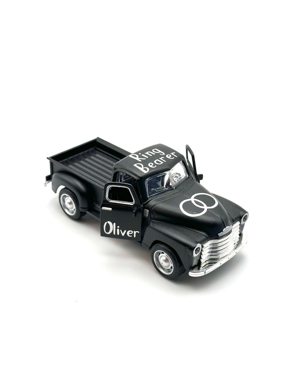 personalized ring bearer black truck, ages 3+, die-cast car for flower boy, not a toy, wedding boy memento. personalized with white premium vinyl