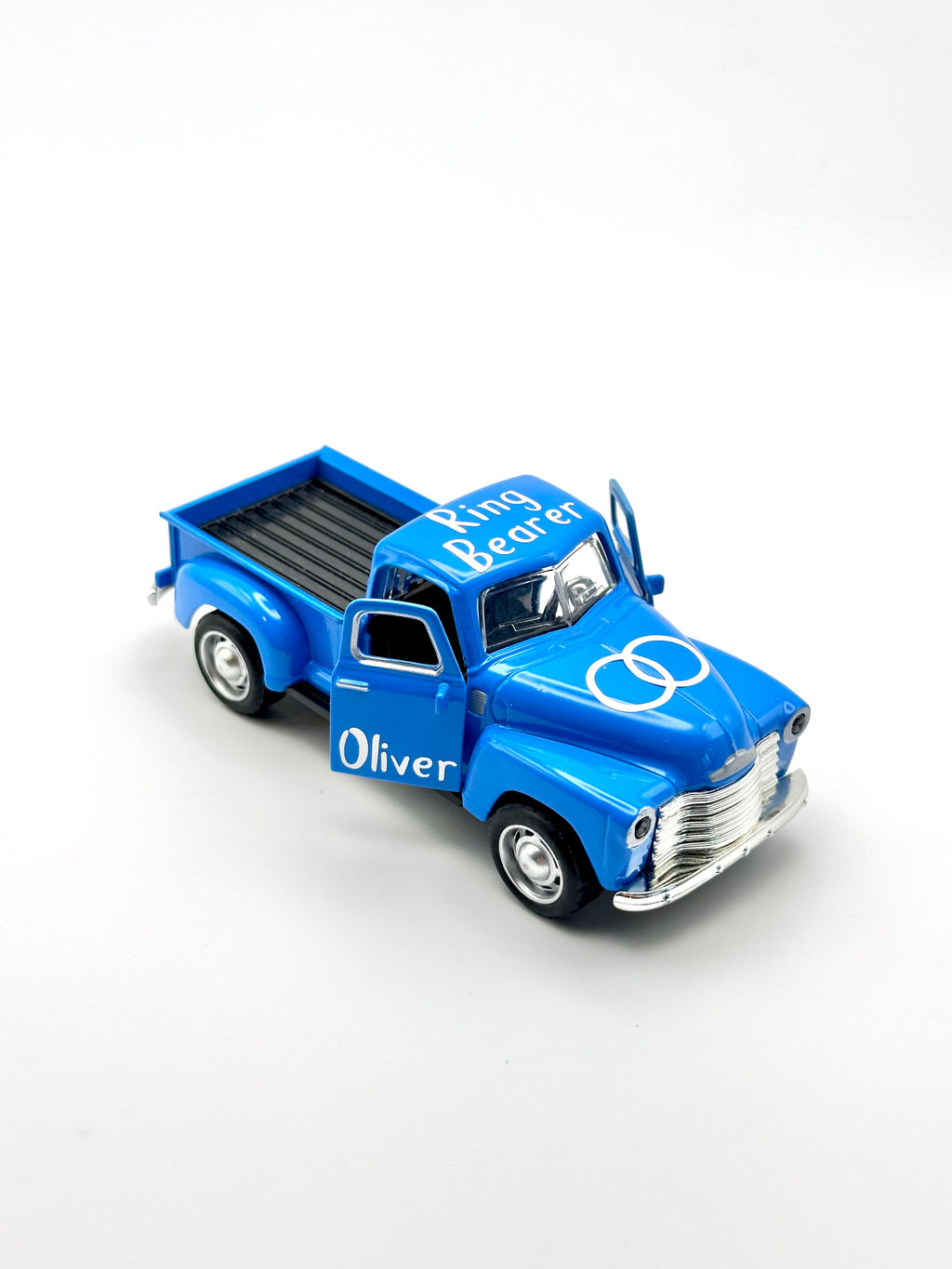 personalized ring bearer blue truck, ages 3+, die-cast car for flower boy, not a toy, wedding boy memento. personalized with white premium vinyl, ring design on the hood, title on the top and name on the doors