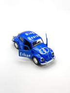 personalized ring bearer blue car, ages 3+, die-cast car for ring security, not a toy, wedding boy memento. personalized with white premium vinyl, ring design on the hood, title on the top and name on the doors, date on the back of the car.