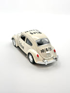 personalized ring bearer beige car, showing off the back side angle ages 3+, die-cast car for ring security, not a toy, wedding boy memento. personalized with black premium vinyl, ring design on the hood, title on the top and name on the doors, date on the back of the car.