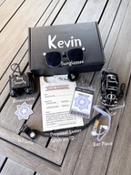ring security proposal agent outfit gift box. includes sunglasses, personalized ring security die-cast metal car, agent Ear piece, mission assignment card, agent ID badge, sticker, play binoculars, and a whistle. box personalized with a name