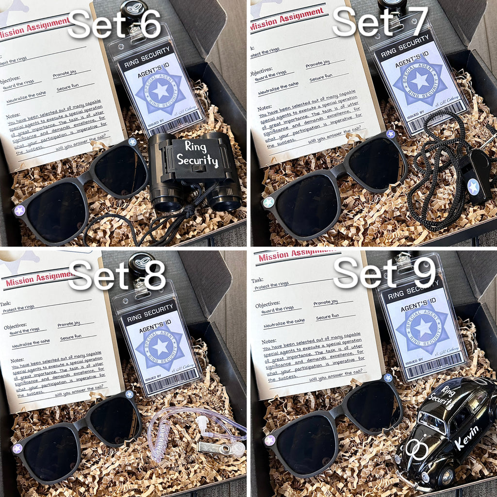 collage of 2x2 sets. Set 6 has sunglasses, play binoculars, "mission assignment" card, ring security agent id badge, Kraft-colored paper filler. Set 7 has a whistle, sunglasses, a "mission assignment" card, ring security agent id badge, Kraft-colored paper filler. Set 8 has sunglasses, agent earpiece, "mission assignment" card, a ring security agent id badge, Kraft-colored paper filler. Set 9 has sunglasses, personalized die cast car, mission assignment card, id badge, whistle, Kraft-colored filler