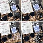 collage of 2x2 sets. Set 6 has sunglasses, play binoculars, "mission assignment" card, ring security agent id badge, Kraft-colored paper filler. Set 7 has a whistle, sunglasses, a "mission assignment" card, ring security agent id badge, Kraft-colored paper filler. Set 8 has sunglasses, agent earpiece, "mission assignment" card, a ring security agent id badge, Kraft-colored paper filler. Set 9 has sunglasses, personalized die cast car, mission assignment card, id badge, whistle, Kraft-colored filler